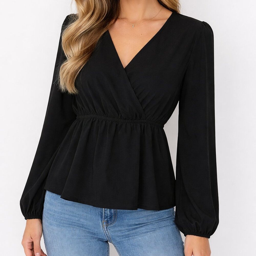 Intempo Black Faux Wrap Long Sleeve Minimalist Stretchy Womens Size Small Blouse